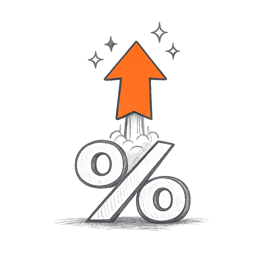 Percentage symbol with an orange arrow launching upward and sparkle stars
