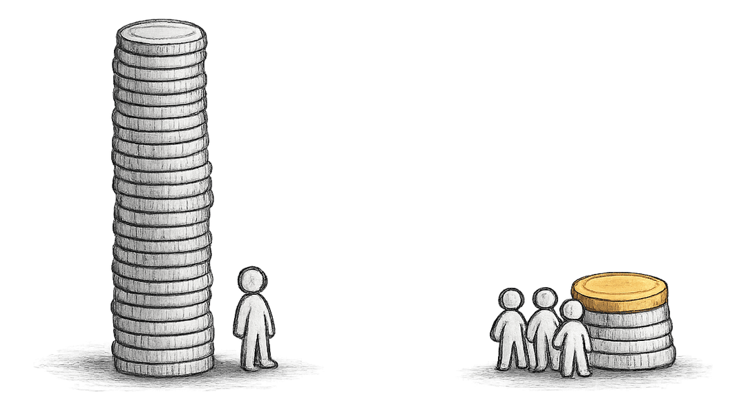 Tall stack of coins next to a small stack with a single orange coin