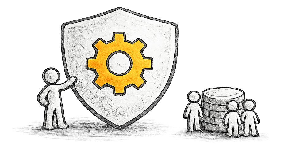 Shield with an orange gear in the center