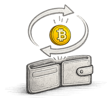 Bitcoin coin dropping into a wallet with a reverse arrow