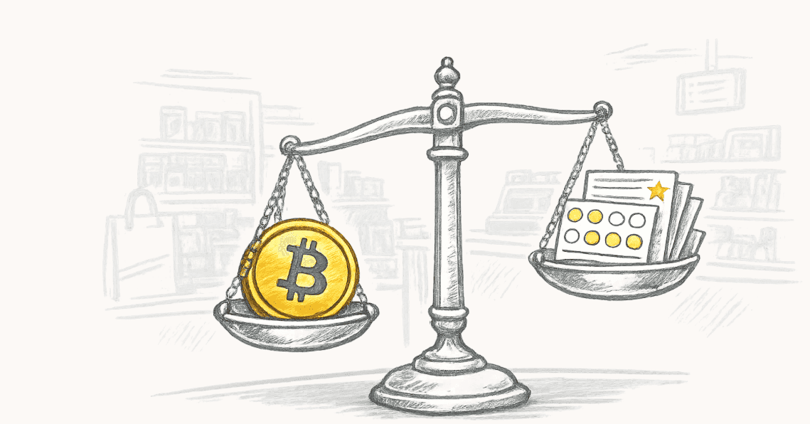 A balance scale weighing Bitcoin rewards against Square Loyalty points