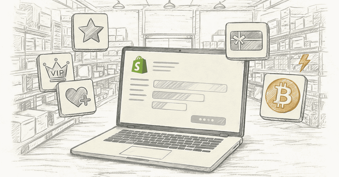 Best Shopify loyalty apps compared, showing points, VIP tiers, referrals, gift cards, and Bitcoin rewards alongside a Shopify dashboard