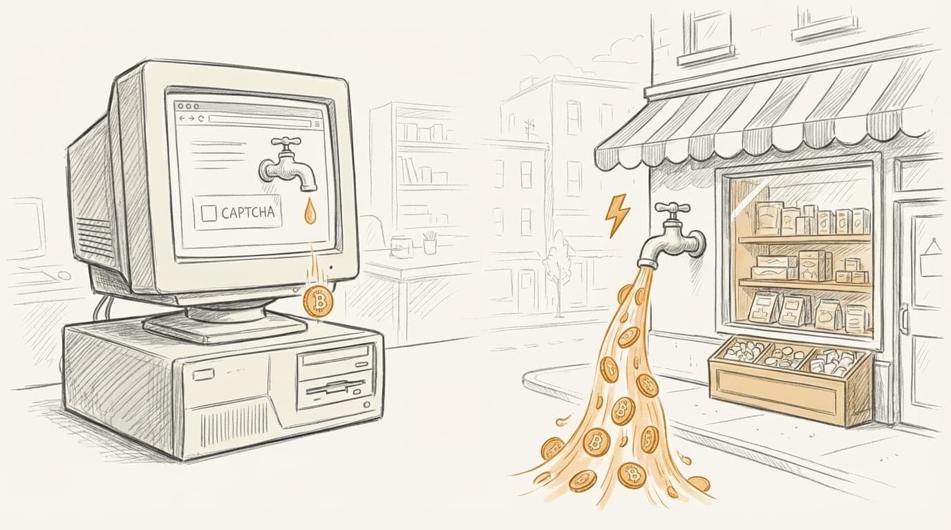 The Bitcoin faucet then and now: from a CAPTCHA on an old computer to a small business storefront pouring Bitcoin rewards to customers