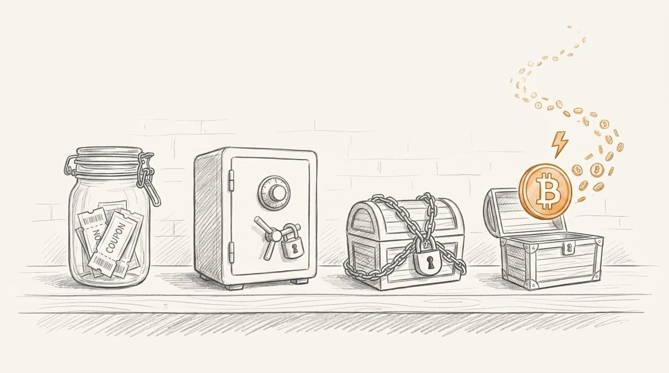 Cashback loyalty for small business compared: four reward containers showing points, store credit, cashback, and Bitcoin rewards, with only the Bitcoin container open and flowing out