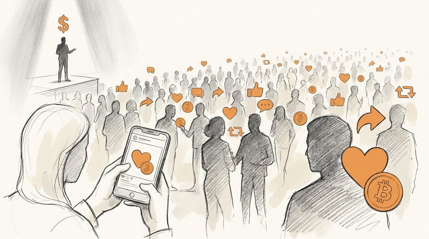 Thousands of customers sharing brand content in a UGC campaign with hearts, likes, and Bitcoin sats coins, next to a lone paid influencer on a spotlit stage