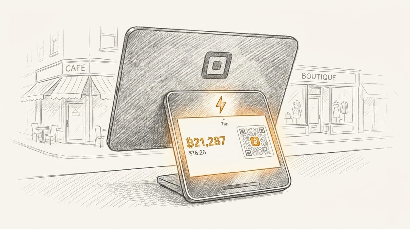 A Square POS terminal accepting a Bitcoin payment via Lightning QR code, with small business storefronts behind