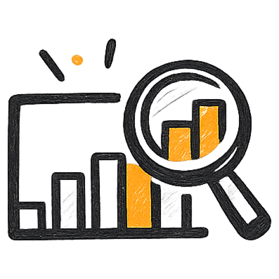 Magnifying glass over orange bar chart