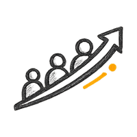 Group of person silhouettes rising along an upward arrow