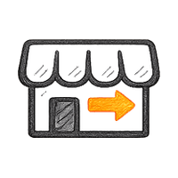 Storefront with awning and orange arrow