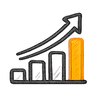 Rising bar chart with orange tallest bar and curved arrow