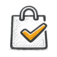 Funnel above a product grid with orange checkmarks