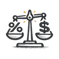 Balance scale with percentage symbol on one side and dollar sign on the other