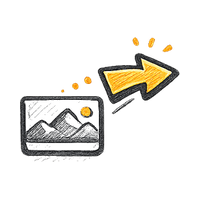 Social media preview card with orange share arrows