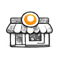 Storefront with orange logo badge