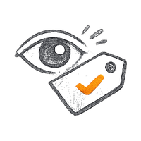 Eye looking at a price tag with checkmark