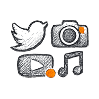Social media platform icons including bird, camera, play button, and music note