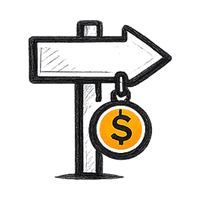 Directional signpost with hanging orange dollar coin
